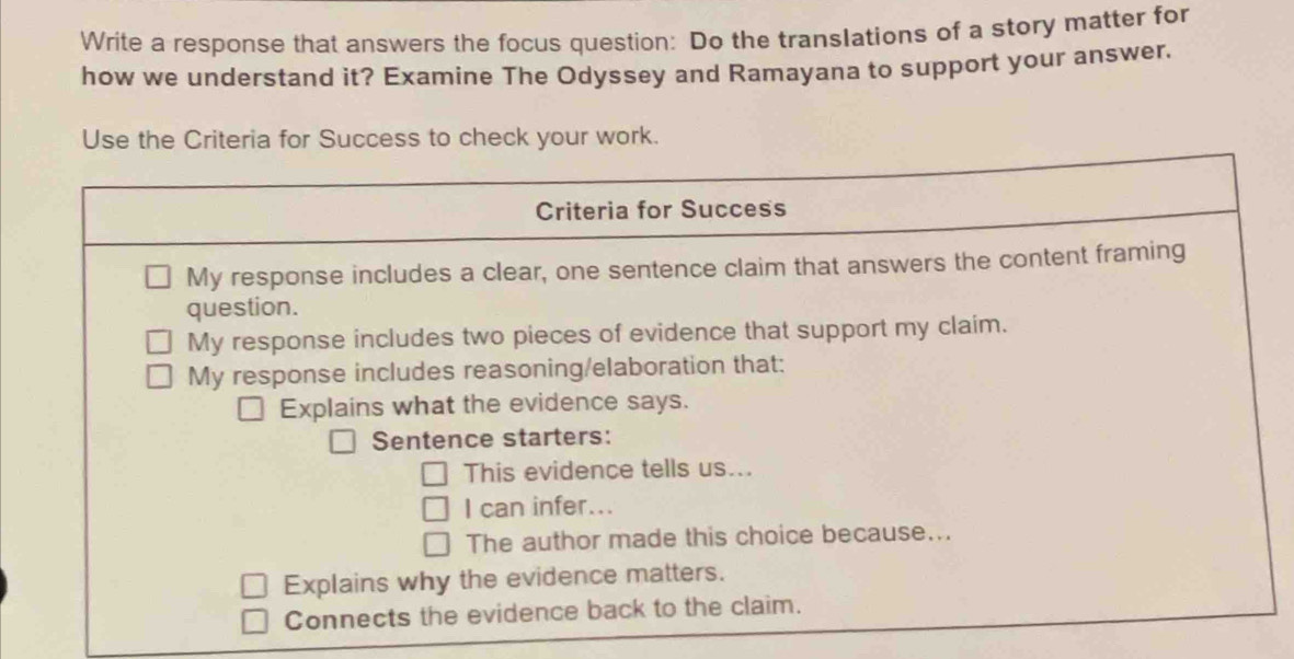 Write a response that answers the focus question: Do the translations of a story matter for 
how we understand it? Examine The Odyssey and Ramayana to support your answer. 
Use the Criteria for Success to check your work.