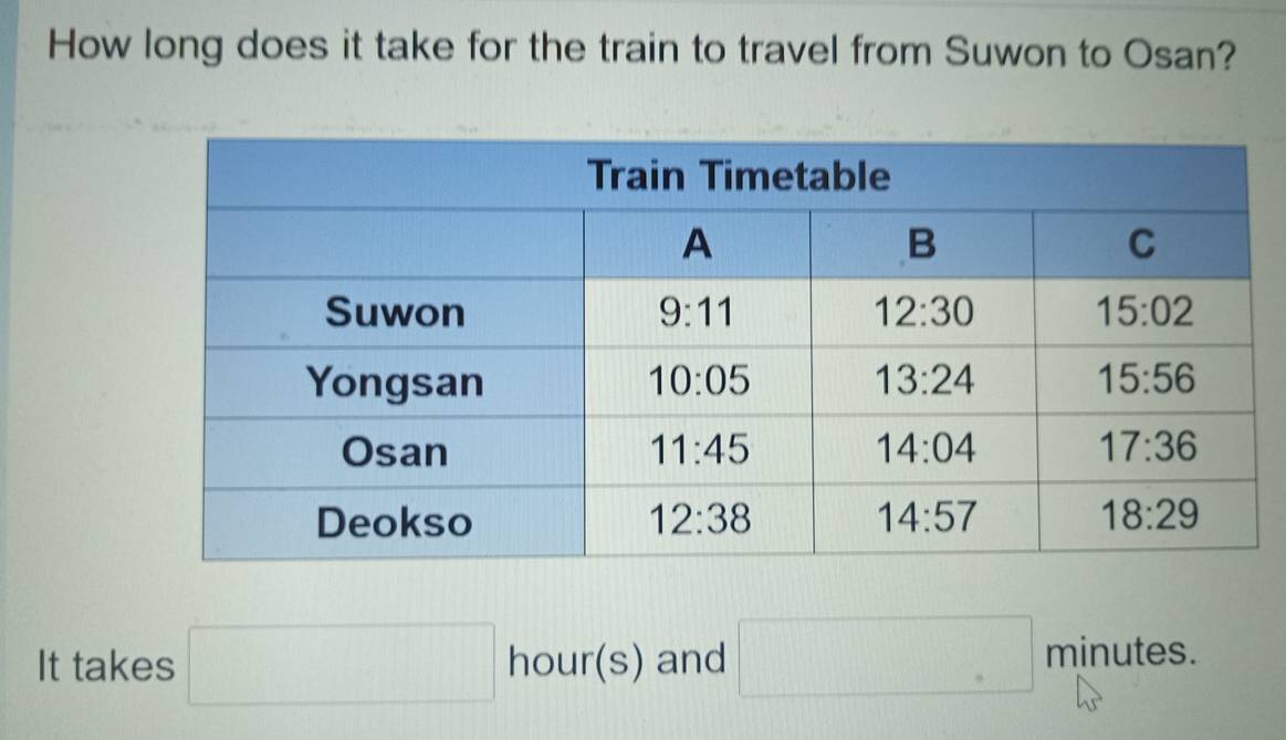 How long does it take for the train to travel from Suwon to Osan?
It takes □ hour(s) and □ minutes.