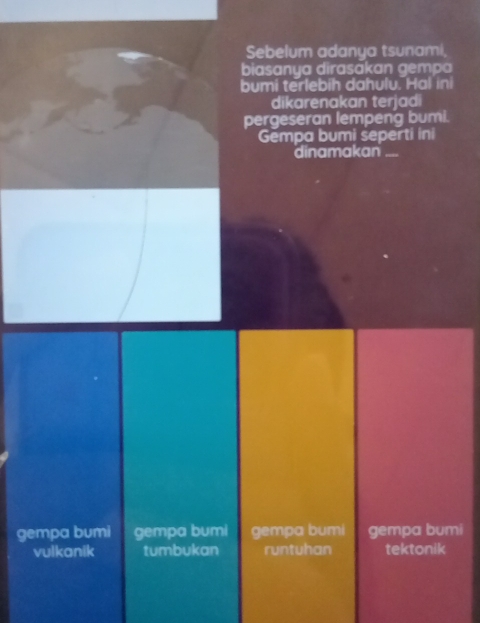 Sebelum adanya tsunami,
biasanya dirasäkan gempa
bumi terlebih dahulu. Hal in
dikarenakan terjadi
pergeseran lempeng bumi.
Gempa bumi seperti ini
dinamakan_
gempa bumi gempa bumi gempa bumi gempa bumi
vulkanik tumbukan runtuhan tektonik