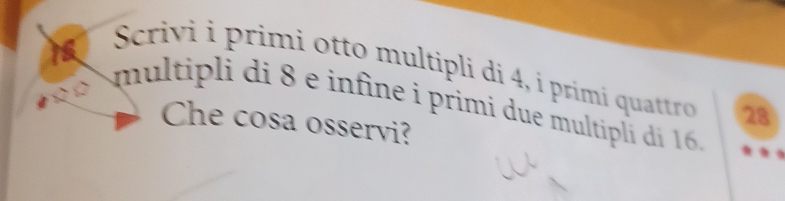 Scrivi i primi otto multipli di 4, i primi quattro 28
multipli di 8 e infine i primi due multipli di 16
Che cosa osservi?