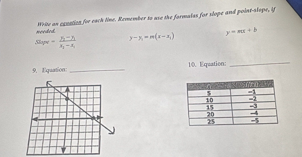 Write an equation for each line. Remember to use the formulas for slope and point-slope, if
needed.
y=mx+b
Slope=frac y_2-y_1x_2-x_1
y-y_1=m(x-x_1)
9. Equation: _10. Equation:_