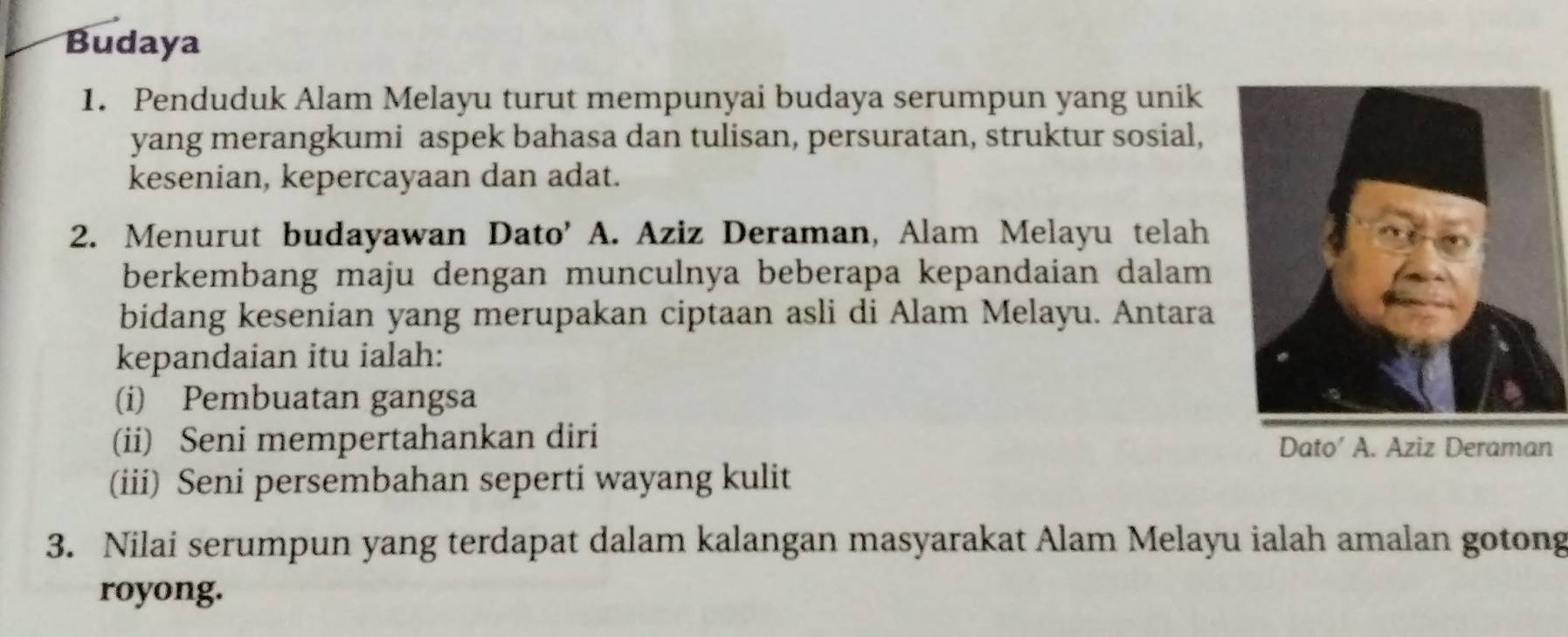 Budaya 
1. Penduduk Alam Melayu turut mempunyai budaya serumpun yang unik 
yang merangkumi aspek bahasa dan tulisan, persuratan, struktur sosial, 
kesenian, kepercayaan dan adat. 
2. Menurut budayawan Dato' A. Aziz Deraman, Alam Melayu telah 
berkembang maju dengan munculnya beberapa kepandaian dalam 
bidang kesenian yang merupakan ciptaan asli di Alam Melayu. Antara 
kepandaian itu ialah: 
(i) Pembuatan gangsa 
(ii) Seni mempertahankan diri Dato' A. Aziz Deraman 
(iii) Seni persembahan seperti wayang kulit 
3. Nilai serumpun yang terdapat dalam kalangan masyarakat Alam Melayu ialah amalan gotong 
royong.