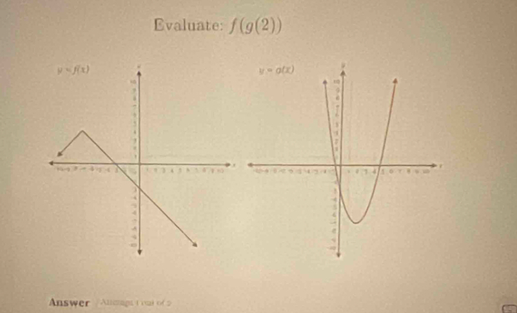 Evaluate: f(g(2))
Answer Alaga t ont of 9