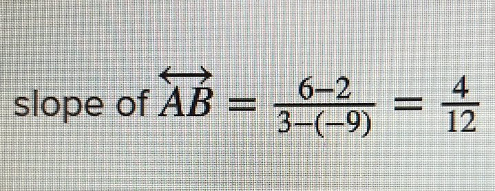 slope of overleftrightarrow AB= (6-2)/3-(-9) = 4/12 