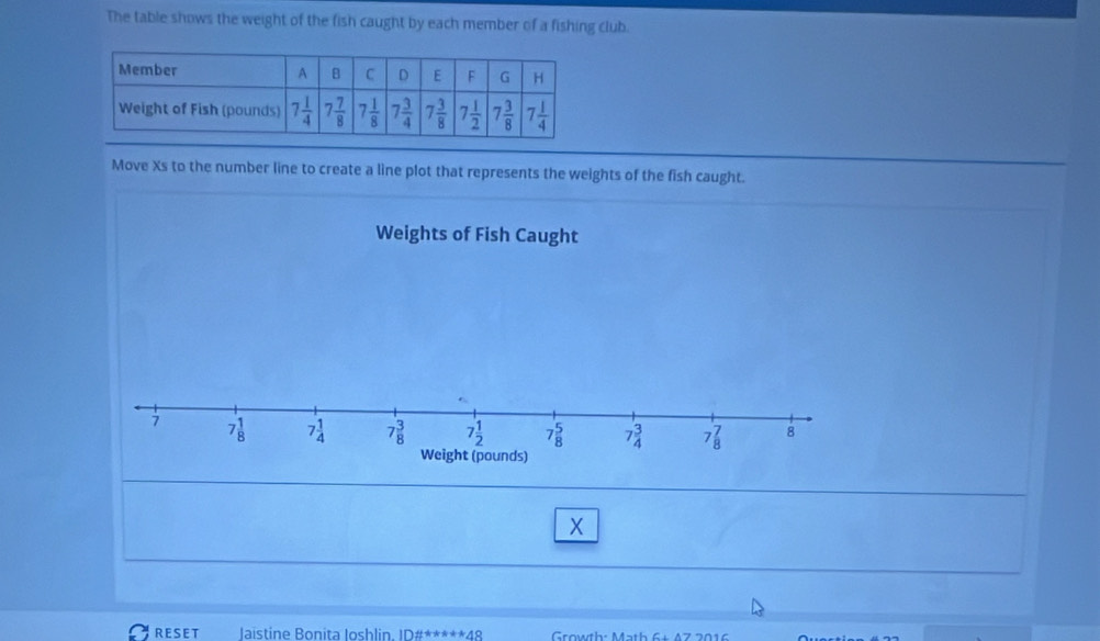 The table shows the weight of the fish caught by each member of a fishing club.
Move Xs to the number line to create a line plot that represents the weights of the fish caught.
Weights of Fish Caught
7 7 1/8  7 1/4  7 3/8  7 1/2  7 5/8  7 3/4  7 7/8  8
Weight (pounds)
X
RESET  laistine   o nita l oshlin. ID #* ¹  Growth: Math 64 47 2016