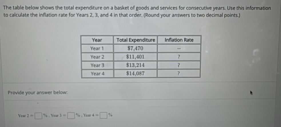 The table below shows the total expenditure on a basket of goods and services for consecutive years. Use this information 
to calculate the inflation rate for Years 2, 3, and 4 in that order. (Round your answers to two decimal points.) 
Provide your answer below: 
Year 2=□ %. Year 3=□ % , Ycar 4=□ %