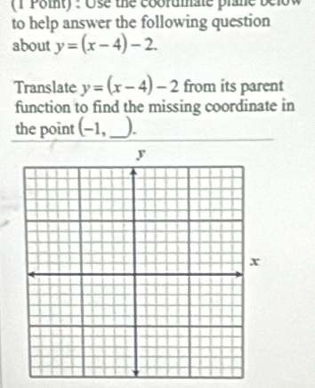 Ose the coordmate plane below 
to help answer the following question 
about y=(x-4)-2. 
Translate y=(x-4)-2 from its parent 
function to find the missing coordinate in 
the point (_ ) I _).