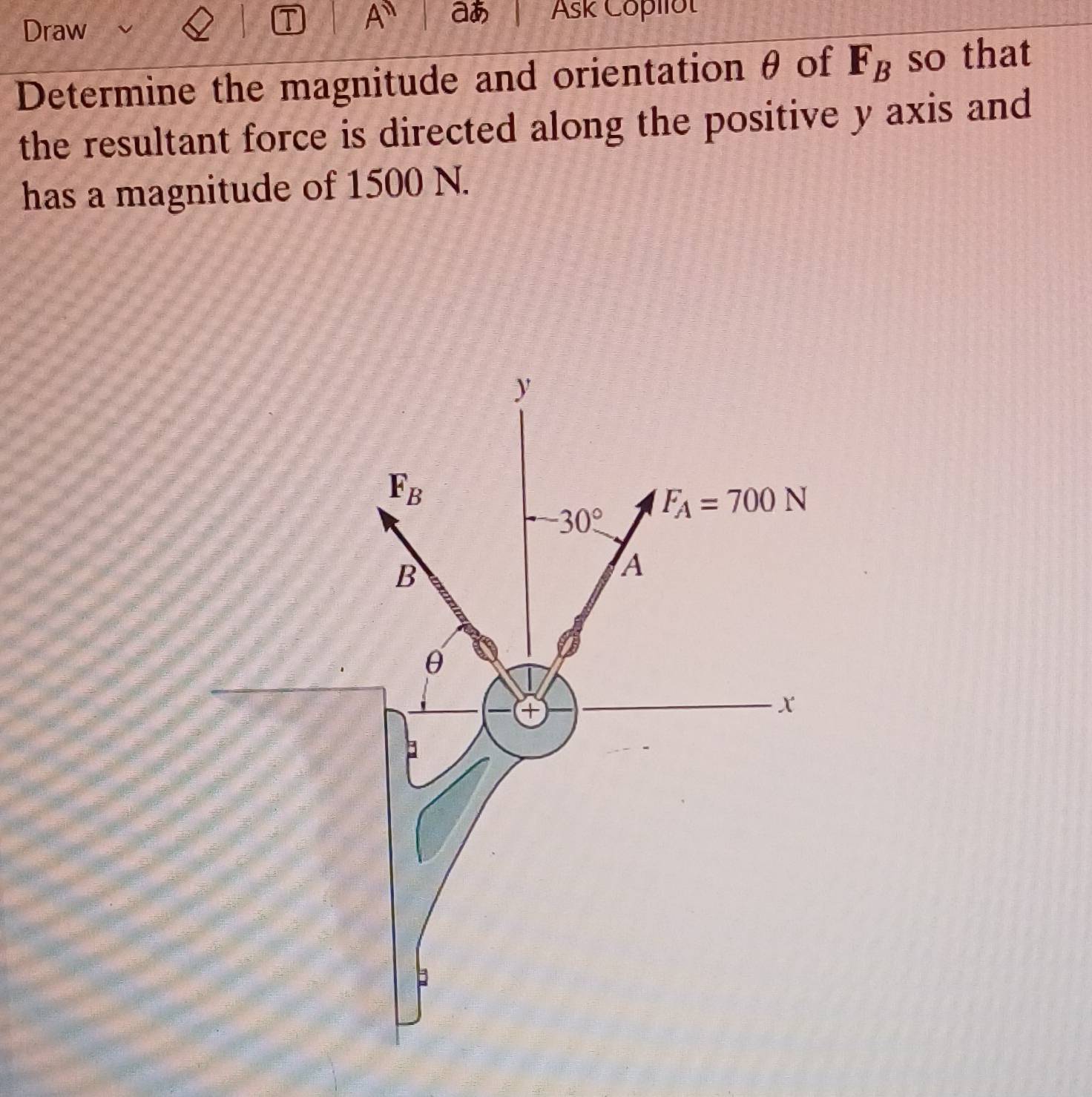 A aあ
Draw Ask Copllot
Determine the magnitude and orientation θ of F_B so that
the resultant force is directed along the positive y axis and
has a magnitude of 1500 N.