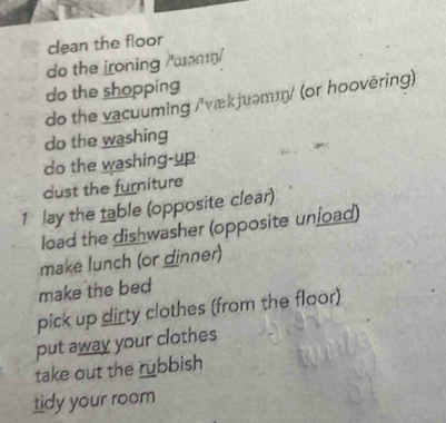 clean the floor
do the ironing /'αanŋ/
do the shopping
do the vacuuming /'vækjuamm/ (or hoovéring)
do the washing
do the washing-up
dust the furniture
1 lay the table (opposite clear)
load the dishwasher (opposite unioad)
make lunch (or dinner)
make the bed
pick up dirty clothes (from the floor)
put away your clothes
take out the rubbish
tidy your room