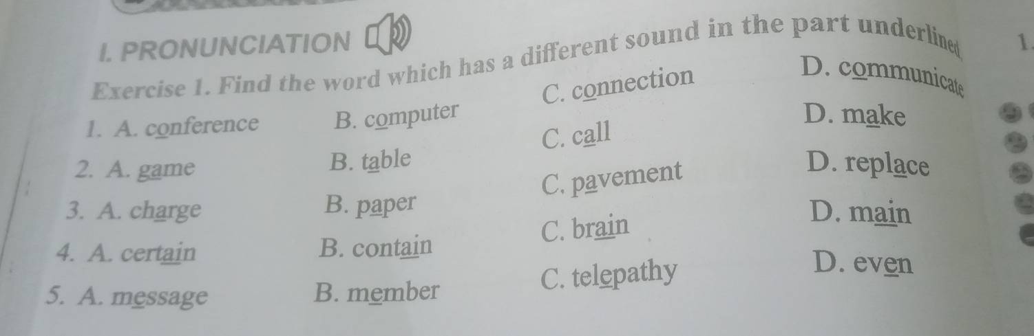 PRONUNCIATION 1.
Exercise 1. Find the word which has a different sound in the part underline
D. communicate
1. A. conference
B. computer C. connection
D. make
C. call
2. A. game
B. table D. replace
C. pavement
3. A. charge B. paper D. main
4. A. certain B. contain C. brain
5. A. message B. member C. telepathy
D. even