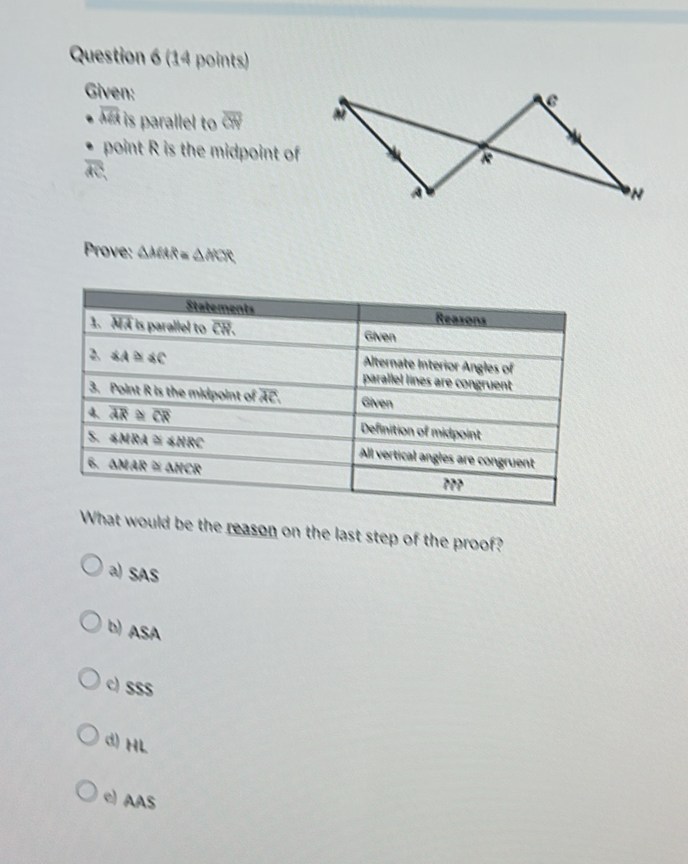 Given:
C
overline AR is parallel to overline CN
point R is the midpoint of
R
overline c
A
N
Prove: △ MNR≌ △ NCR
What would be the reason on the last step of the proof?
a) SAS
b) ASA
c) SSS
d) HL
e) AAS