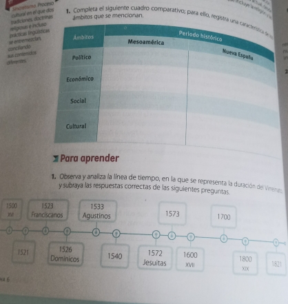 Prostisma Procno 

ctuye la miqe 
ámbitos que se mencionan. 
polcticas lngüít religiosas e inclu sudiciones, doctrinas cultural en el que dos 1. Completa el siguiente cuadro comparativo; para ello, reg 
conciflando se entremeacian 
n 
dfrentes sus contenidos 
1 
1. Observa y analiza la línea de tiempo, en la que se representa la duración del Vimeinto 
y subraya las respuestas correctas de las siguientes preguntas.
1500 1523 1533
Franciscanos Agustinos 1573 1700
o a 
a
1572
1521 Dominicos
1526 1540 1600 1800 1821
Jesuitas XVII XIX 
HA 6