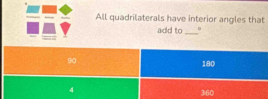 All quadrilaterals have interior angles that
add to _。
90
180
4
360