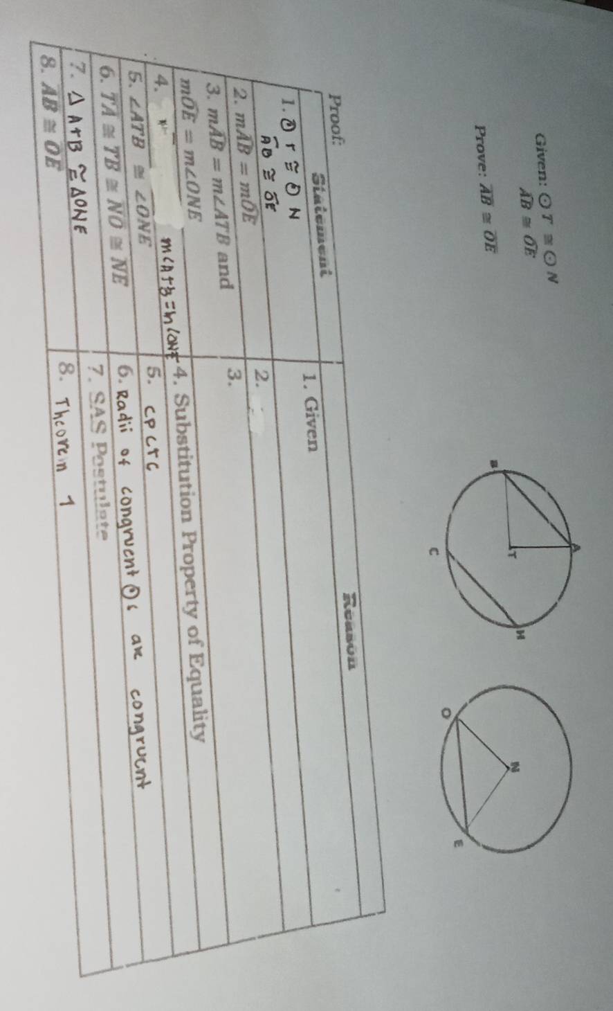 Given: odot T≌ odot N
widehat AB≌ widehat OE
Prove: overline AB≌ overline OE
Proof: Reason 
Statement 
1. odot r≌ odot N 1. Given
overline AB≌ overline OE
2. mwidehat AB=mwidehat OE 2. 
3. mwidehat AB=m∠ ATB and 
3.
mwidehat OE=m∠ ONE
4. Substitution Property of Equality 
4. 16^(2-1)
5. ∠ ATB≌ ∠ ONE 5. 
6. overline TA≌ overline TB≌ overline NO≌ overline NE
6. R
7. △ A+B≌ △ ONE 7. SAS Postulate 
8. 
8. overline AB≌ overline OE