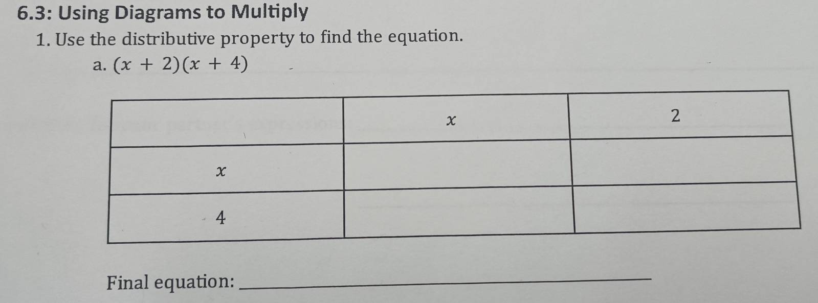 6.3: Using Diagrams to Multiply 
1. Use the distributive property to find the equation. 
a. (x+2)(x+4)
Final equation: 
_