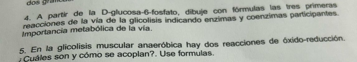 dos grafca 
4. A partir de la D-glucosa -6 -fosfato, dibuje con fórmulas las tres primeras 
reacciones de la vía de la glicolisis indicando enzimas y coenzimas participantes. 
Importancia metabólica de la vía. 
5. En la glicolisis muscular anaeróbica hay dos reacciones de óxido-reducción. 
;Cuáles son y cómo se acoplan?. Use formulas.