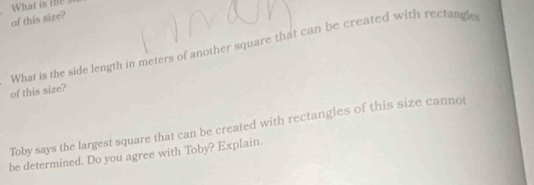 What is the ! 
of this size? 
What is the side length in meters of another square that can be created with rectangle 
of this size? 
Toby says the largest square that can be created with rectangles of this size cannot 
be determined. Do you agree with Toby? Explain.