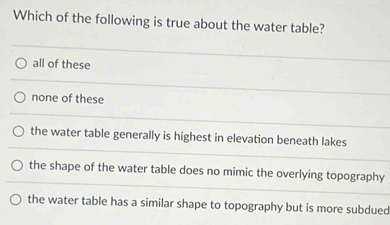 Which of the following is true about the water table?
all of these
none of these
the water table generally is highest in elevation beneath lakes
the shape of the water table does no mimic the overlying topography
the water table has a similar shape to topography but is more subdued