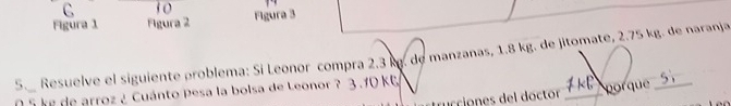 Figura 1 Figura 2 Figura 3 
5. Resuelve el siguiente problema: Si Leonor compra 2.3 kg. de manzanas, 1.8 kg. de jitomate, 2.75 kg. de naranja 
O 5 le de arroz ¿ Cuánto Pesa la bolsa de Leonor ? 3 .10 KG
trucciones del doctor _porque