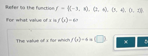 Refer to the function f= (-3,8),(2,6),(5,4),(1,2). 
For what value of x is f(x)=6 ? 
The value of x for which f(x)=6 is  □ . ×