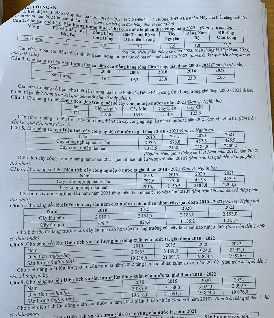 ká lời ngắn
m 1. Biết diện tích gieo trồng lúa của nước ta năm 2021 là 7,2 triêu ha, sản lượng là 43,9 triệu tấn. Hãy cho biết năng suất lúa
của nước ta năm 2021 là bao nhiêu tạ/ha? (làm tr
Cầu 2. Cho bảng số liệu:
ố liệu trên, tính tổng sản lượng lương thực có hạt của nước ta năm 2022. (làm tròn kết quả đến hàng đơn vị
của triệu tấn)
(Nguồn: Niên giám thống kê
Câu 3. Cho bảng số liệu:Sân lượn
ào bảng số liệu, cho biết sản lượng lúa trung bình của Đồng bằng sông Cửu Long trong giai đoạn 2000 - 2022 là bao
nhiêu triệu tấn? (làm tròn kết quả đến một chữ số thập phân).
Câu 4. Cho bảng số liệu:Diện tích gieo trồna năm 2021(Đơn vị: Nghìn ha)
Căn cứ vào bản, hãy tính tổng diện tích cây công nghiệp lâu năm ở nước ta năm 2ghìn ha. (làm tròn
đến kết quả đến hàng đơn vị)
Câu 5. Cho bảng số liệu:Diện tích câ 2021(Đơn vị: Nghìn ha)
(Nguồn: Niên giám thốn
Diện tích cây công nghiệp hảng năm năm 2021 giảm đi bao nhiêu % so với năm 2010? (làm tròn kết quả đến số thập phân
thứ nhất)
Câu 6. Cho bảng số liệu:Din 2010 - 2021(Đơn vị: Nghìn hơ)
Diện tích cây công nghiệp lâu năm năm 2021 tăng thêm bao nhiêu % s
thứ nhất)
Câu 7. Cho bảng số liệu:Diện tích cây lâu năm của nước ta phân theo nhóm cây, giai đoạn 2010 - 2022(Đơn vị: Nghìn ha)
Cho biết tốc độ tăng trưởng của cây ăn quả c
hân)
- 2022
Cho biết năng suất lúa đông xuân của nước ta năm 2022 tăng lên
22
Cho biết diện tích lúa đông xuân c
số thập phân) ể liêu Diện tích và sản lượng lúa ở các vùng của nước ta, năm 2021
Sản lượng (nghìn tổn)