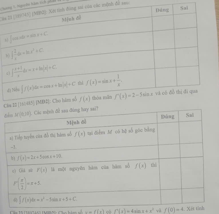 Chuyên hàm tích phần và
2âucác mệnh đề sau:
3
C
đ
Câu 23 (389746] IMĐ21: Cho hàm số v=f(x) có f'(x)=4sin x+x^2 và f(0)=4. Xét tính