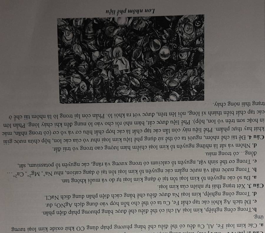a. Các kim loại Fe, Al, Cu đều có thể điều chế bằng phương pháp dùng CO khử oxide kim loại tương
ứng.
b.Trong công nghiệp, kim loại Al chỉ có thể điều chế được bằng phương pháp điện phân.
c. Để tách Ag khỏi các tạp chất Fe, Cu ta có thể cho hỗn hợp vào dung dịch AgNO_3 du.
d. Trong công nghiệp, kim loại Na được điều chế bằng cách điện phân dung dịch NaCl.
Câu 3. Xét trạng thái tự nhiên của kim loại.
a. Đa số các nguyên tố kim loại tồn tại ở dạng kim loại tự do và muối không tan.
b. Trong nước mặt và nước ngầm các nguyên tố kim loại tồn tại ở dạng cation, như Na^+, Mg^(2+), Ca^(2+)...
c. Trong cơ thể sinh vật, nguyên tố calcium có trong xương và răng, các nguyên tố potassium, sắt,
đồng…có trong máu.
d. Nhôm và sắt là những nguyên tố kim loại chiếm hàm lượng cao trong vỏ trái đất.
Câu 4. Để tái chế nhôm, người ta có thể sử dụng phế liệu kim loại như vỏ của các lon, hộp chứa nước giải
khát hay thực phẩm. Phế liệu này còn lẫn các tạp chất là các hợp chất hữu cơ và vô cơ (có trong nhãn, mác
in hoặc sơn trên vỏ lon, hộp). Phế liệu được cắt, băm nhỏ rồi cho vào lò nung đến khi chảy lòng. Phần lớn
các tạp chất biến thành xỉ lỏng, nổi lên trên, được vớt ra khỏi lò. Phần còn lại trong lò là nhôm tái chế ở
trạng thái nóng chảy
Lon nhôm