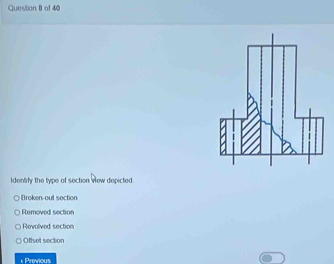 Identify the type of section vew depicted.
Broken-out section
Removed section
Revolved section
Offset section
Previous