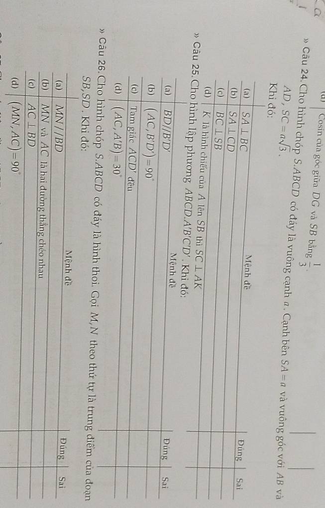 Cosin của góc giữa DG và SB bằng  1/3 .
» Câu 24.Cho hình chóp S.ABCD có đáy là vuông cạnh # . Cạnh bên SA=a và vuông góc với AB và
AD,SC=asqrt(3).
Khi đó:
lập phươ
» 6.Cho hình chóp S.ABCD có đáy là hình thoi. Gọi M,N theo thứ tự là trung điểm của đoạn
SB,SD . Khi đó: