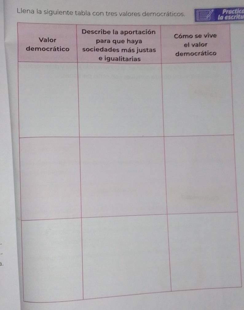 Llena la siguiente tabla con tres valores democráticos. 
Practica 
scritu 
.