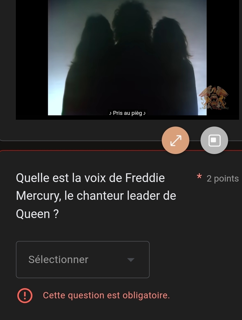 Pris au pièg » 
Quelle est la voix de Freddie 2 points 
Mercury, le chanteur leader de 
Queen ? 
Sélectionner 
Cette question est obligatoire.