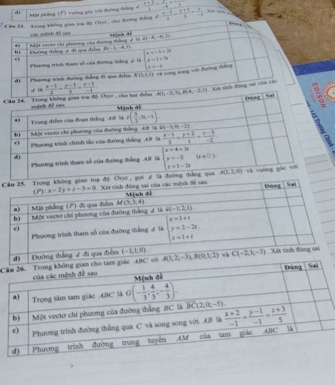 Mặt phẳng (P) vuỡng góc với đường thắng đ :  (x+2)/1 = y/-4 =frac 1
d: (x-1)/2 = (y+1)/3 = z/-1  Xet the 
C
C