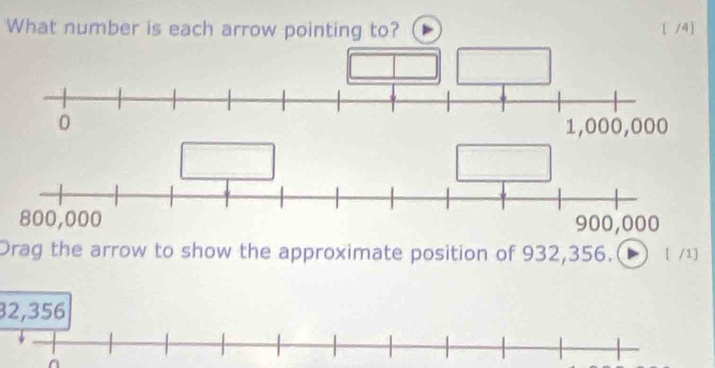 What number is each arrow pointing to? [ /4]
900,000
Drag the arrow to show the approximate position of 932,356. [ /1]
32,356
^