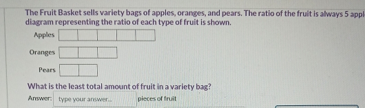 The Fruit Basket sells variety bags of apples, oranges, and pears. The ratio of the fruit is always 5 appl 
diagram representing the ratio of each type of fruit is shown. 
Apples □ □ □ □ □
Oranges □
Pears □
What is the least total amount of fruit in a variety bag? 
Answer: type your answer... □ pieces of fruit