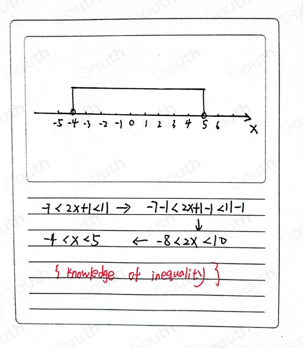 -5 -4 -3 -2 o 1 2 3 4 6 X
-7<2x+1<11to -7-1<2x+1-1<11-1</tex>
-4
-8<2x<10

I knowledge of inequality