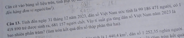 Căn cứ vào bảng số liệu trên, tính mật dộ tm 
đến hàng đơn vị ngườii /km^2). 
Câu 13. Tính đến ngày 31 tháng 12 năm 2023, dân số Việt Nam ước tính là 99 186 471 người, có 1
418 890 trẻ được sinh ra, 681 157 người chết. Vậy tí suất gia tăng dân số Việt Nam năm 2023 là 
bao nhiêu phần trăm? (làm tròn kết quả đến số thập phân thứ hai). 
ch là l 440, 4km^2 , dân số 1 252, 35 nghìn người. 
ả 2 (làm tròn kết quả