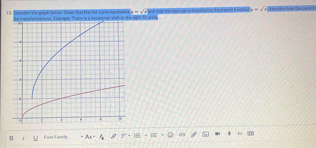 Consider the graph below. Given that the red curve represents y=sqrt(xandtha) t the blue curve transforms the parent function 1 =sqrt(x) , describe how the parent . 
right 10 units... 
B Font Family = Aa= 
±√