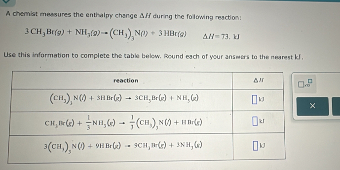 A chemist measures the enthalpy change △ H during the following reaction:
3CH_3Br(g)+NH_3(g)to (CH_3)_3N(l)+3HBr(g) △ H=73.kJ
Use this information to complete the table below. Round each of your answers to the nearest kJ.