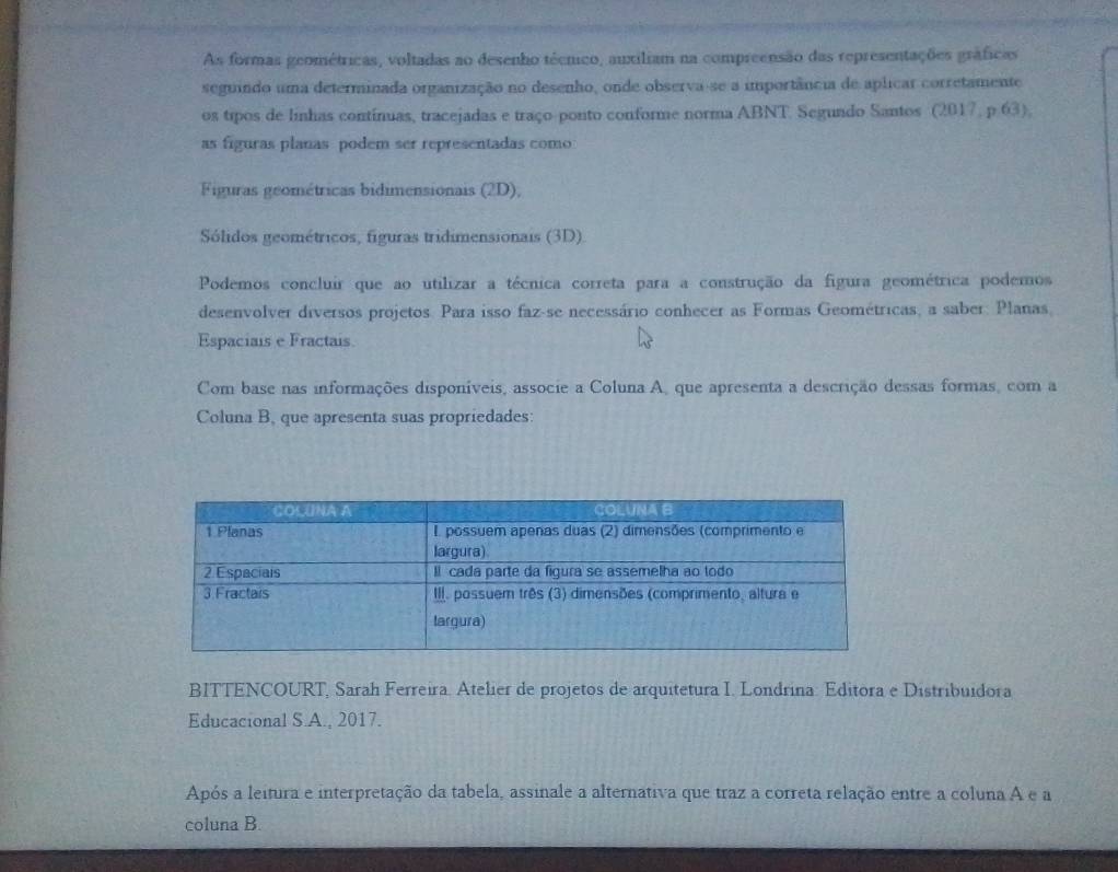 As formas geométricas, voltadas ao desenho técnico, auxiliam na compreensão das representações gráficas 
seguindo uma determinada organização no desenho, onde observa-se a importância de aplicar corretamente 
os tipos de linhas contínuas, tracejadas e traço-ponto conforme norma ABNT. Segundo Santos (2017, p 63). 
as figuras planas podem ser representadas como 
Figuras geométricas bidimensionais (2D), 
Sólidos geométricos, figuras tridimensionais (3D). 
Podemos concluir que ao utilizar a técnica correta para a construção da figura geométrica podemos 
desenvolver diversos projetos. Para isso faz-se necessário conhecer as Formas Geométricas, a saber: Planas, 
Espaciais e Fractais. 
Com base nas informações disponíveis, associe a Coluna A, que apresenta a descrição dessas formas, com a 
Coluna B, que apresenta suas propriedades: 
BITTENCOURT, Sarah Ferreira. Atelier de projetos de arquitetura I. Londrina: Editora e Distribuidora 
Educacional S.A., 2017. 
Após a leitura e interpretação da tabela, assinale a alternativa que traz a correta relação entre a coluna A e a 
coluna B.