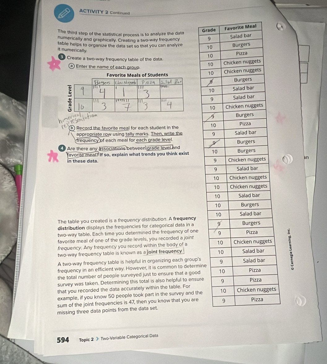 ACTIVITY 2 Continued 
Gr 
The third step of the statistical process is to analyze the data 
numerically and graphically. Creating a two-way frequency 
table helps to organize the data set so that you can analyze 1 
it numerically 
1 
E Create a two-way frequency table of the data. 
Enter the name of each group. 
1 
te Meals of Students 
ha 
b Record the favorite meal for each student in the 
appropriate row using tally marks. Then, write the 
frequency of each meal for each grade level. 
Are there any associations between grade level and 
favorite meal? If so, explain what trends you think exist 
in 
in these data. 
The table you created is a frequency distribution. A frequency 
distribution displays the frequencies for categorical data in a 
two-way table. Each time you determined the frequency of one 
favorite meal of one of the grade levels, you recorded a joint 
frequency. Any frequency you record within the body of a 
two-way frequency table is known as a joint frequency 
A two-way frequency table is helpful in organizing each group's 
frequency in an efficient way. However, it is common to determine 
the total number of people surveyed just to ensure that a good 
survey was taken. Determining this total is also helpful to ensure 
that you recorded the data accurately within the table. For 
example, if you know 50 people took part in the survey and thes 
sum of the joint frequencies is 47, then you know that you are 
missing three data points from the data set. 
594 Topic 2 》 Two-Variable Categorical Data