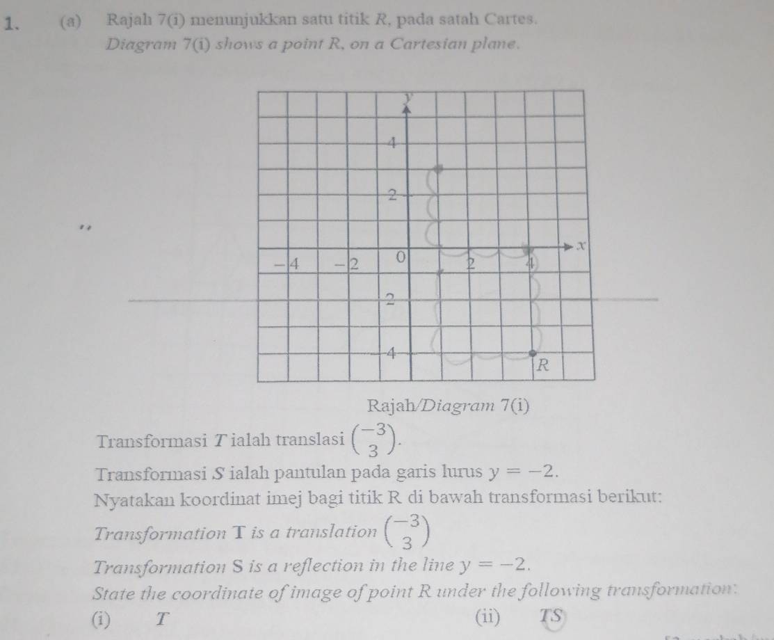 Rajahı 7(i) menunjukkan satu titik R, pada satah Cartes. 
Diagram 7(i) shows a point R, on a Cartesian plane.
y
4
2
x
-4 - 2 0 2 4
2
4
R
Rajah/Diagram 7(i) 
Transformasi Tialah translasi beginpmatrix -3 3endpmatrix. 
Transformasi S ialah pantulan pada garis lurus y=-2. 
Nyatakan koordinat imej bagi titik R di bawah transformasi berikut: 
Transformation T is a translation beginpmatrix -3 3endpmatrix
Transformation S is a reflection in the line y=-2. 
State the coordinate of image of point R under the following transformation: 
(i) T (ii)€£ TS