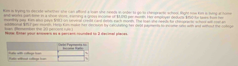 Kim is trying to decide whether she can afford a loan she needs in order to go to chiropractic school. Right now Kim is living at home 
and works part-time in a shoe store, earning a gross income of $1,010 per month. Her employer deducts $150 for taxes from her 
monthly pay. Kim also pays $183 on several credit card debts each month. The loan she needs for chiropractic school will cost an 
additional $157 per month. Help Kim make her decision by calculating her debt payments-to-income ratio with and without the college 
loan. (Remember the 20 percent rule.) 
Note: Enter your answers as a percent rounded to 2 decimal places.