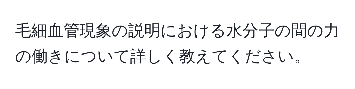 毛細血管現象の説明における水分子の間の力の働きについて詳しく教えてください。