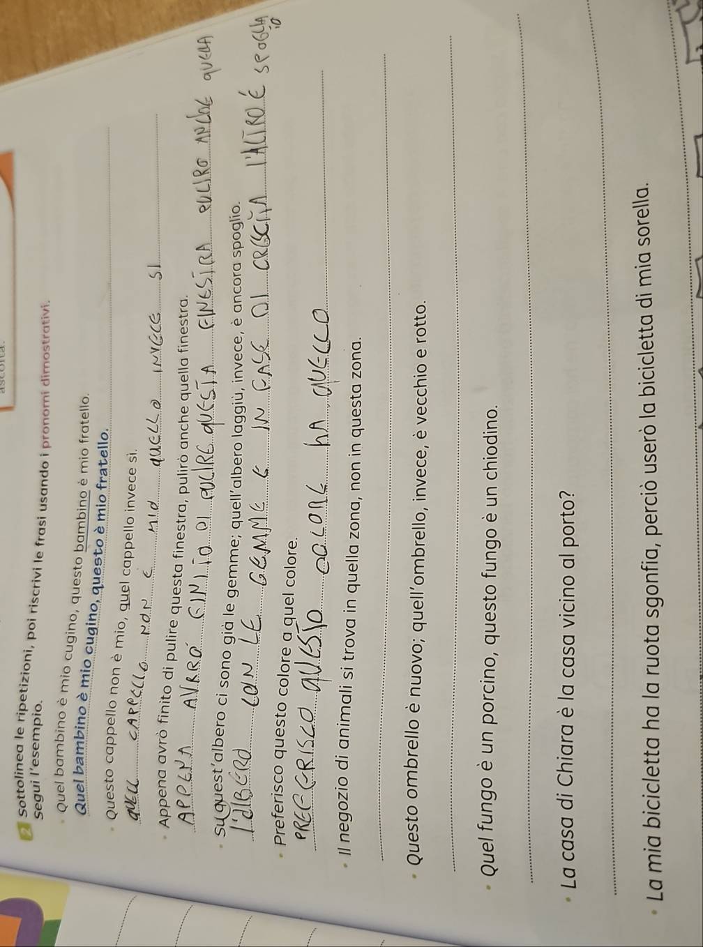 Sottolinea le ripetizioni, poi riscrivi le frasi usando i pronomí dimostrativi. 
Segui l’esempio. 
Quel bambino è mio cugino, questo bambino è mio fratello. 
Quel bambino è mio cugino, questo è mio fratello._ 
_ 
Questo cappello non è mio, quel cappello invece sì. 
_ 
. Appena avrò finito di pulire questa finestra, pulirò anche quella finestra. 
_ 
Su quest'albero ci sono già le gemme; quell'albero laggiù, invece, è ancora spoglio. 
Preferisco questo colore a quel colore. 
_ 
_ 
Il negozio di animali si trova in quella zona, non in questa zona. 
_ 
Questo ombrello è nuovo; quell’ombrello, invece, è vecchio e rotto. 
_ 
Quel fungo è un porcino, questo fungo è un chiodino. 
_ 
_ 
La casa di Chiara è la casa vicino al porto? 
La mia bicicletta ha la ruota sgonfia, perciò userò la bicicletta di mia sorella. 
__ 
_ 
_