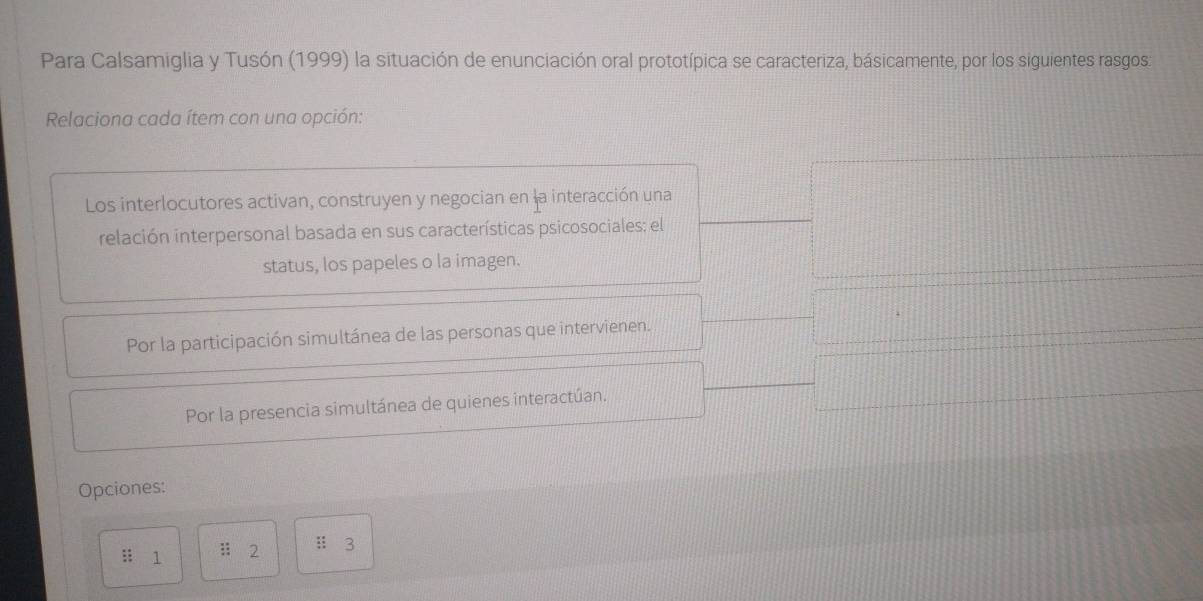 Para Calsamiglia y Tusón (1999) la situación de enunciación oral prototípica se caracteriza, básicamente, por los siguientes rasgos:
Relaciona cada ítem con una opción:
Los interlocutores activan, construyen y negocian en la interacción una
relación interpersonal basada en sus características psicosociales: el
status, los papeles o la imagen.
Por la participación simultánea de las personas que intervienen.
Por la presencia simultánea de quienes interactúan.
Opciones:
:: 1;; 2 :; 3