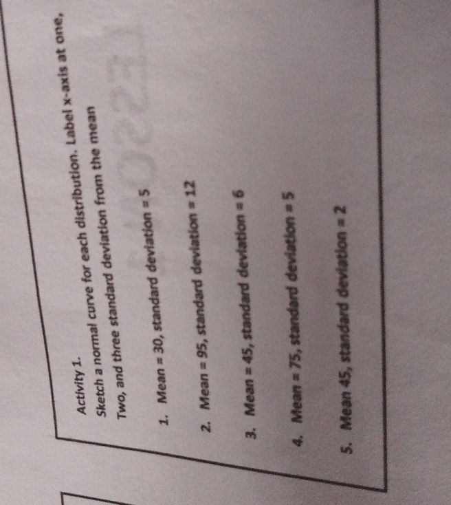 Sketch a normal curve for each distribution. Label x-axis at one, 
Activity 1. 
Two, and three standard deviation from the mean 
1. Mean =30 , standard deviation =5
2. Mean =95 , standard deviation =12
3. Mean =45 , standard deviation =6
4. Mean =75 , standard deviation =5
5. Mean 45, standard deviation =2
