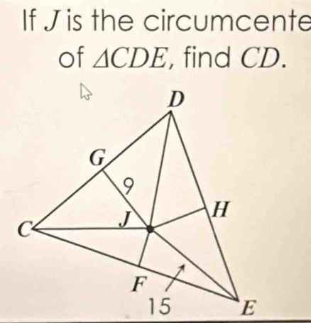 If J is the circumcente 
of △ CDE , find CD.