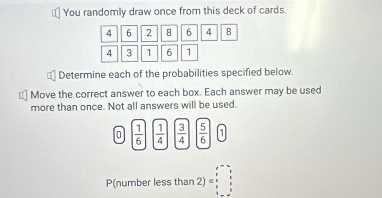 You randomly draw once from this deck of cards.
4 6 2 8 6 4 8
4 3 1 6 1
Determine each of the probabilities specified below. 
Move the correct answer to each box. Each answer may be used 
more than once. Not all answers will be used.
0  1/6   1/4   3/4   5/6  1
P(number less than 2) =beginarrayr 1&-2 1&1 i 1 1&1 1&-1&1endarray