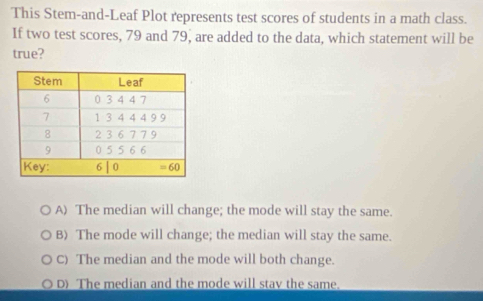 This Stem-and-Leaf Plot represents test scores of students in a math class.
If two test scores, 79 and 79, are added to the data, which statement will be
true?
A) The median will change; the mode will stay the same.
B) The mode will change; the median will stay the same.
C) The median and the mode will both change.
D) The median and the mode will stav the same.