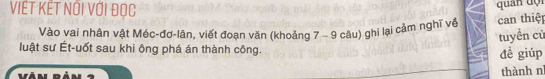 VIếT KếT Nới Với Đọc 
quan dội 
Vào vai nhân vật Méc-đơ-lân, viết đoạn văn (khoảng 7 - 9 câu) ghi lại cảm nghĩ về can thiệ 
tuyển cử 
luật sư Ét-uốt sau khi ông phá án thành công. 
đề giúp 
thành n